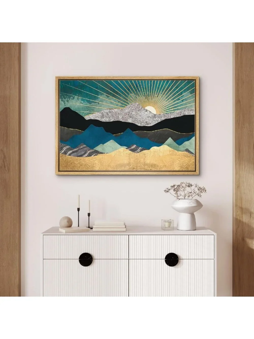 Framed Canvas Wall Art - Teal Gold Mountain Range Nature Print for Living Room